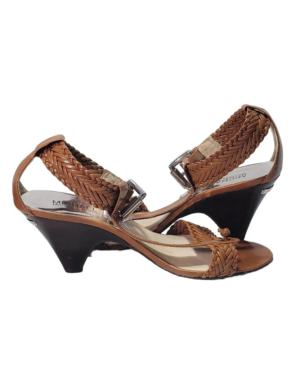 MICHAEL KORS LADIES BROWN BRADED LEATHER THONG HEELS ANKLE STRAP SIZE 9M